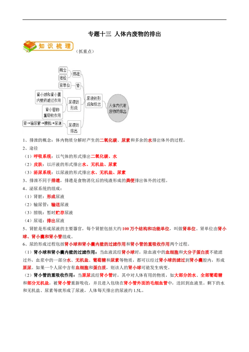 专题13人体内物质的运输-2022年中考生物一轮复习抓重点考典型（人教版）（解析版）_6生物中考复习_2023年中考复习资料_一轮复习_2022年中考生物一轮复习抓重点考典型（人教版）