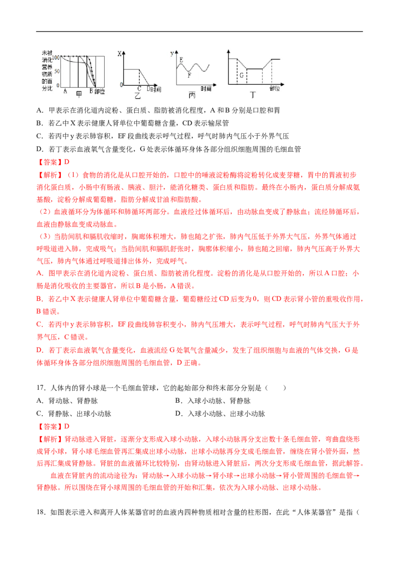 专题13人体内物质的运输-2022年中考生物一轮复习抓重点考典型（人教版）（解析版）_6生物中考复习_2023年中考复习资料_一轮复习_2022年中考生物一轮复习抓重点考典型（人教版）