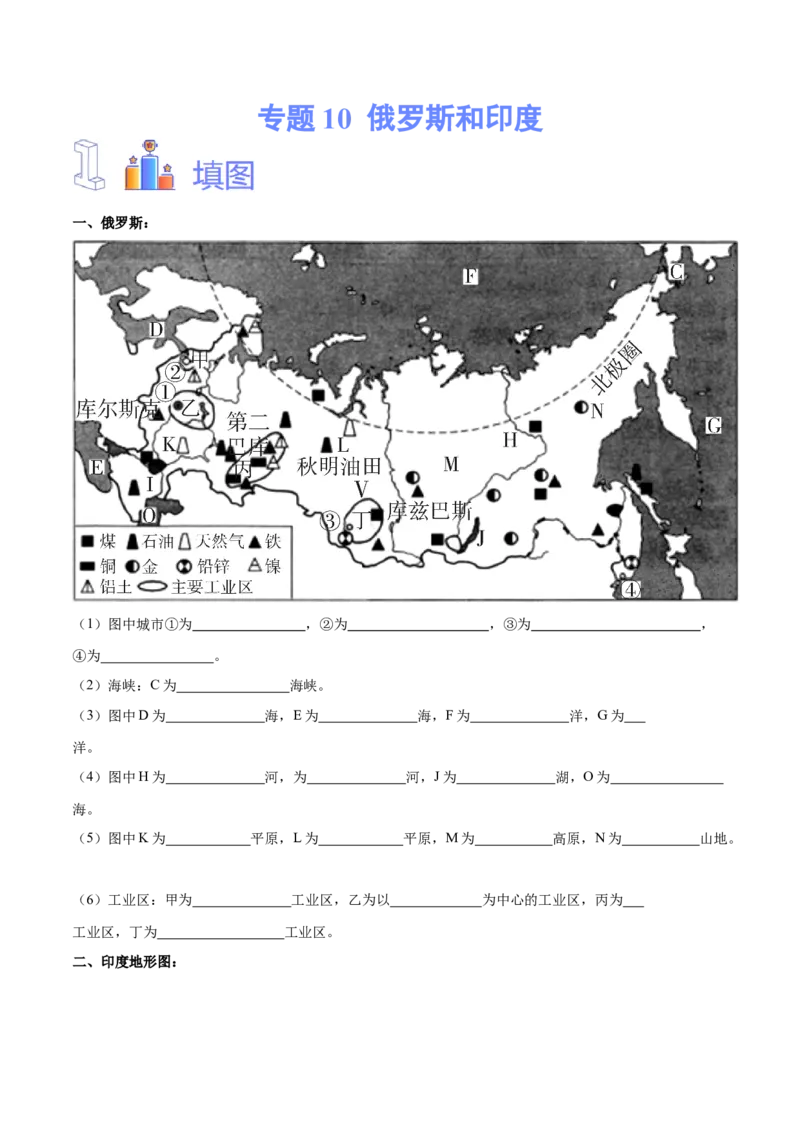 专题10俄罗斯和印度-备战2024年中考地理识图速记手册与变式演练（全国通用）（原卷版）_7地理中考复习_2024年中考复习资料_专项复习资料