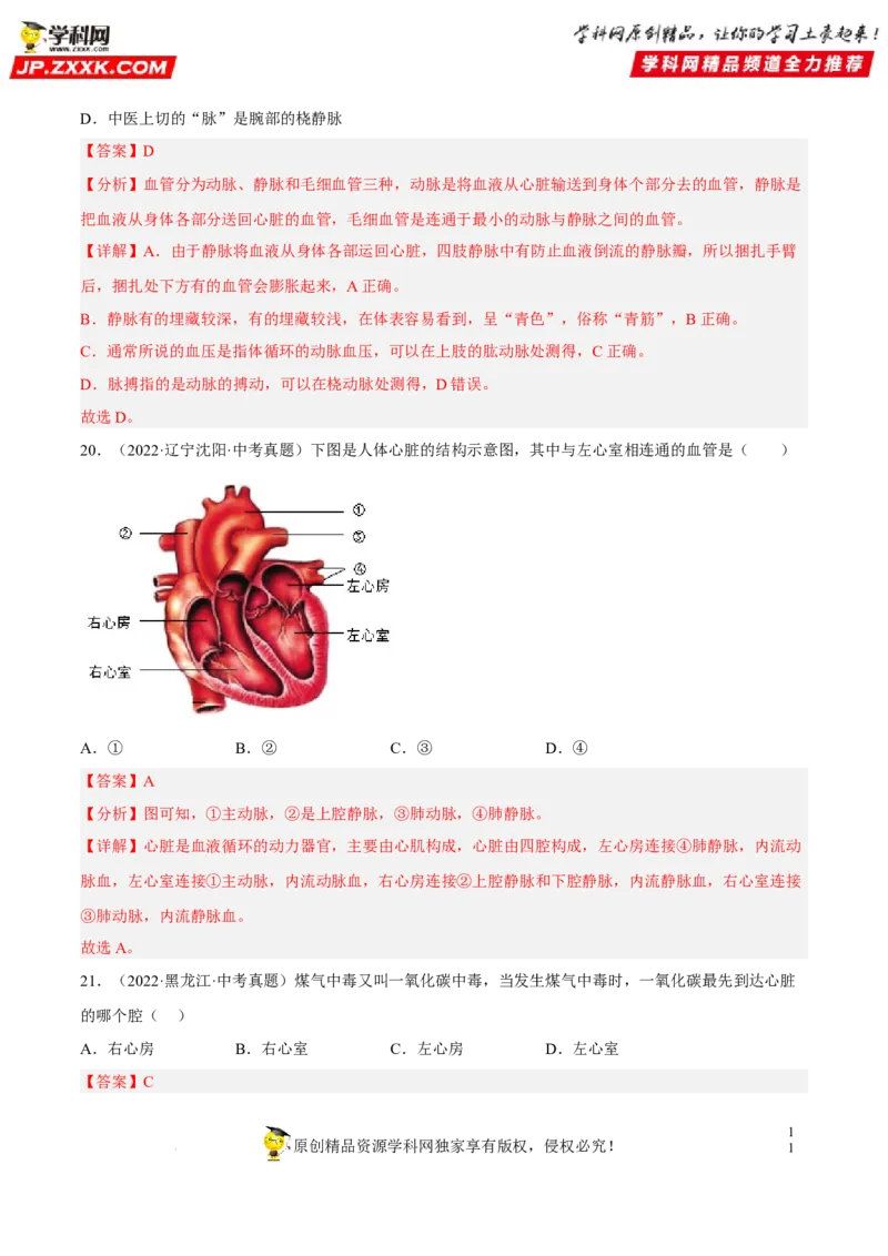 专题10人体内物质的运输和废物的排出（习题帮）（解析版）_6生物中考复习_2023年中考复习资料_一轮复习_备战2023年中考生物一轮复习考点帮（全国通用）288506454