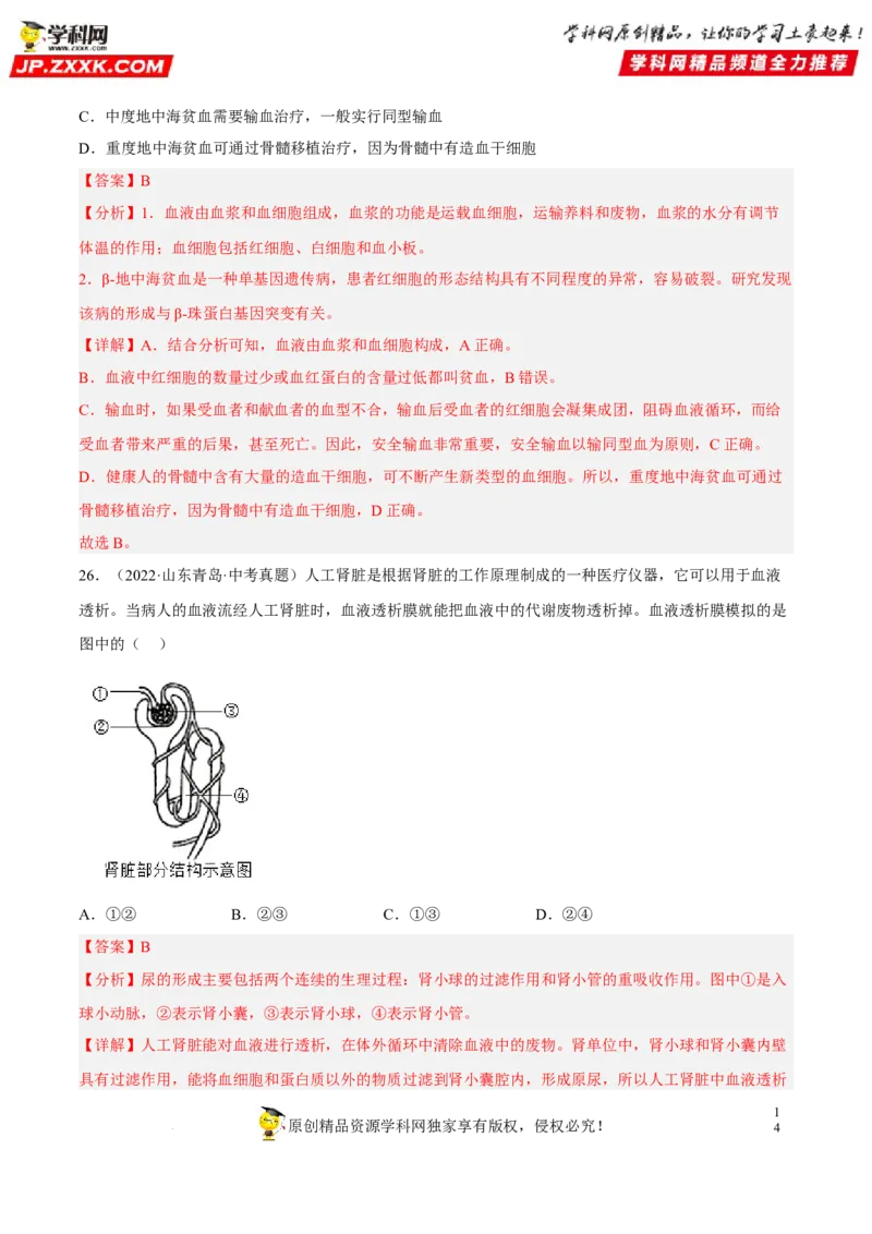 专题10人体内物质的运输和废物的排出（习题帮）（解析版）_6生物中考复习_2023年中考复习资料_一轮复习_备战2023年中考生物一轮复习考点帮（全国通用）288506454