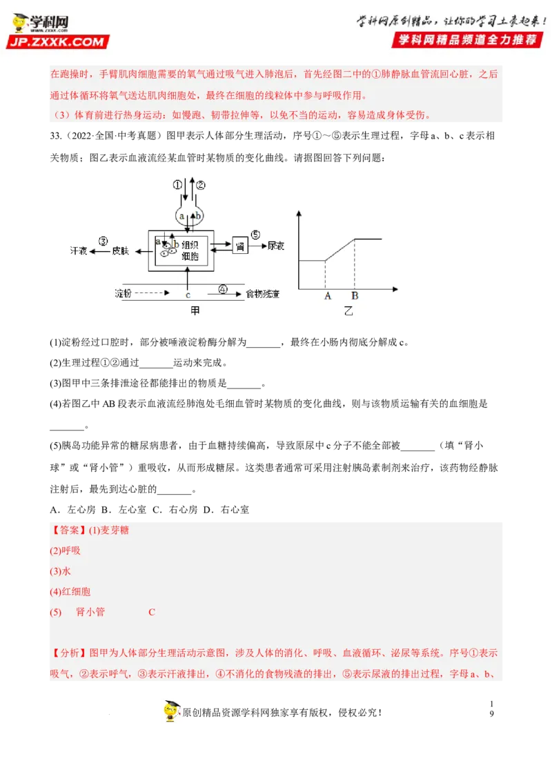 专题10人体内物质的运输和废物的排出（习题帮）（解析版）_6生物中考复习_2023年中考复习资料_一轮复习_备战2023年中考生物一轮复习考点帮（全国通用）288506454