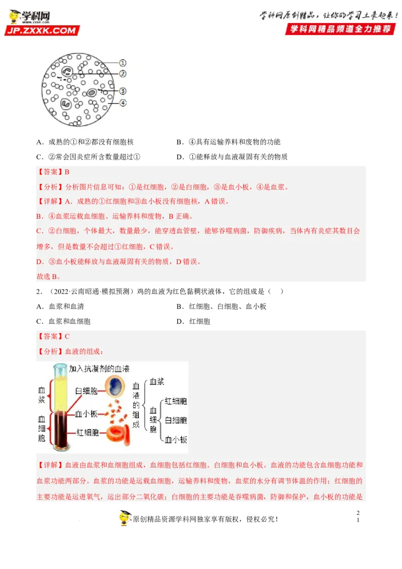 专题10人体内物质的运输和废物的排出（习题帮）（解析版）_6生物中考复习_2023年中考复习资料_一轮复习_备战2023年中考生物一轮复习考点帮（全国通用）288506454