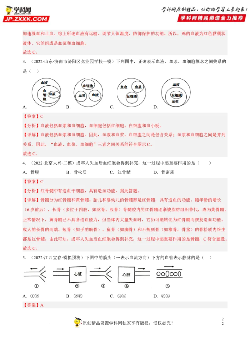 专题10人体内物质的运输和废物的排出（习题帮）（解析版）_6生物中考复习_2023年中考复习资料_一轮复习_备战2023年中考生物一轮复习考点帮（全国通用）288506454