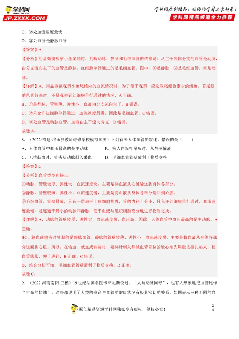 专题10人体内物质的运输和废物的排出（习题帮）（解析版）_6生物中考复习_2023年中考复习资料_一轮复习_备战2023年中考生物一轮复习考点帮（全国通用）288506454
