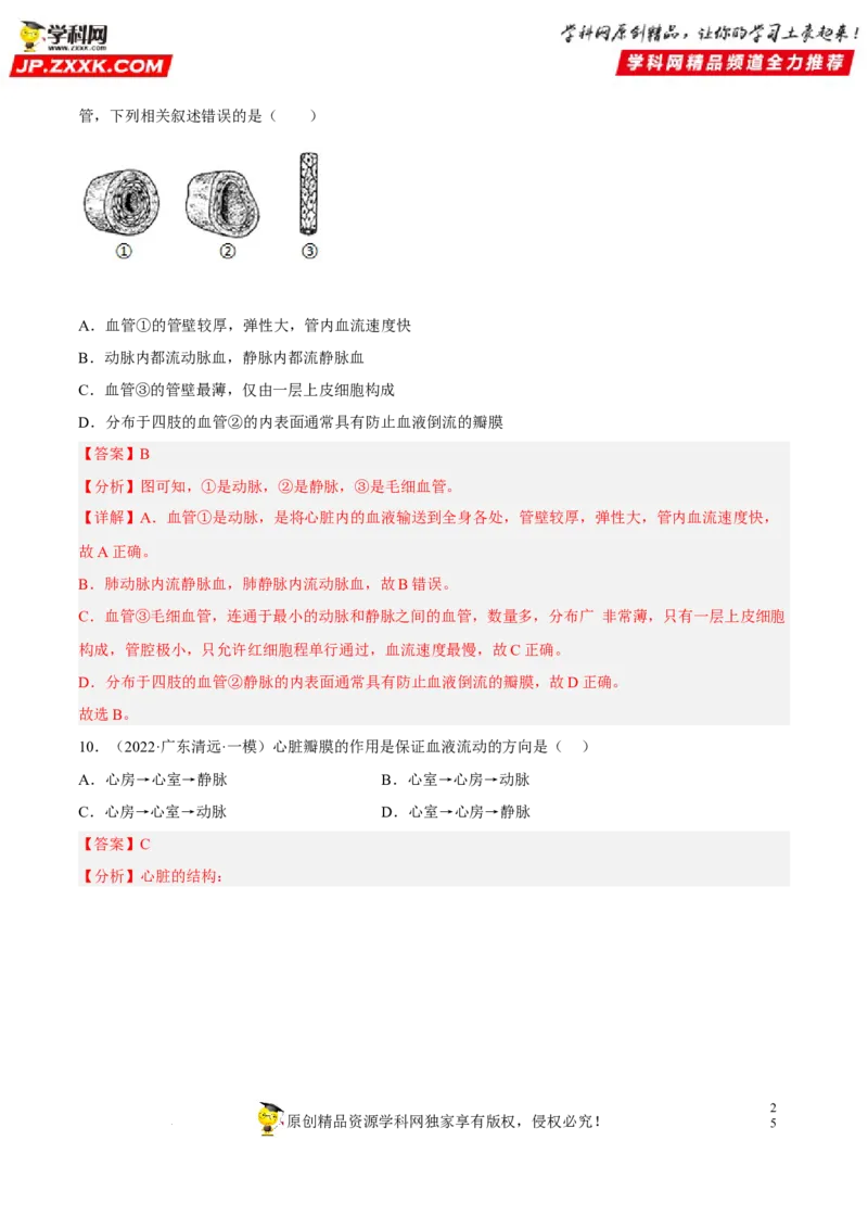 专题10人体内物质的运输和废物的排出（习题帮）（解析版）_6生物中考复习_2023年中考复习资料_一轮复习_备战2023年中考生物一轮复习考点帮（全国通用）288506454