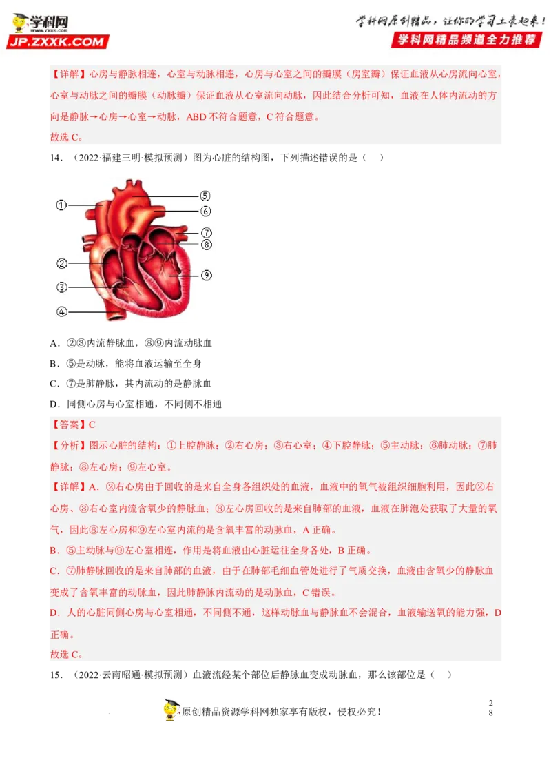 专题10人体内物质的运输和废物的排出（习题帮）（解析版）_6生物中考复习_2023年中考复习资料_一轮复习_备战2023年中考生物一轮复习考点帮（全国通用）288506454