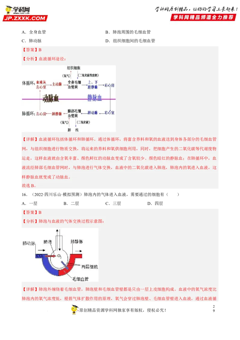 专题10人体内物质的运输和废物的排出（习题帮）（解析版）_6生物中考复习_2023年中考复习资料_一轮复习_备战2023年中考生物一轮复习考点帮（全国通用）288506454