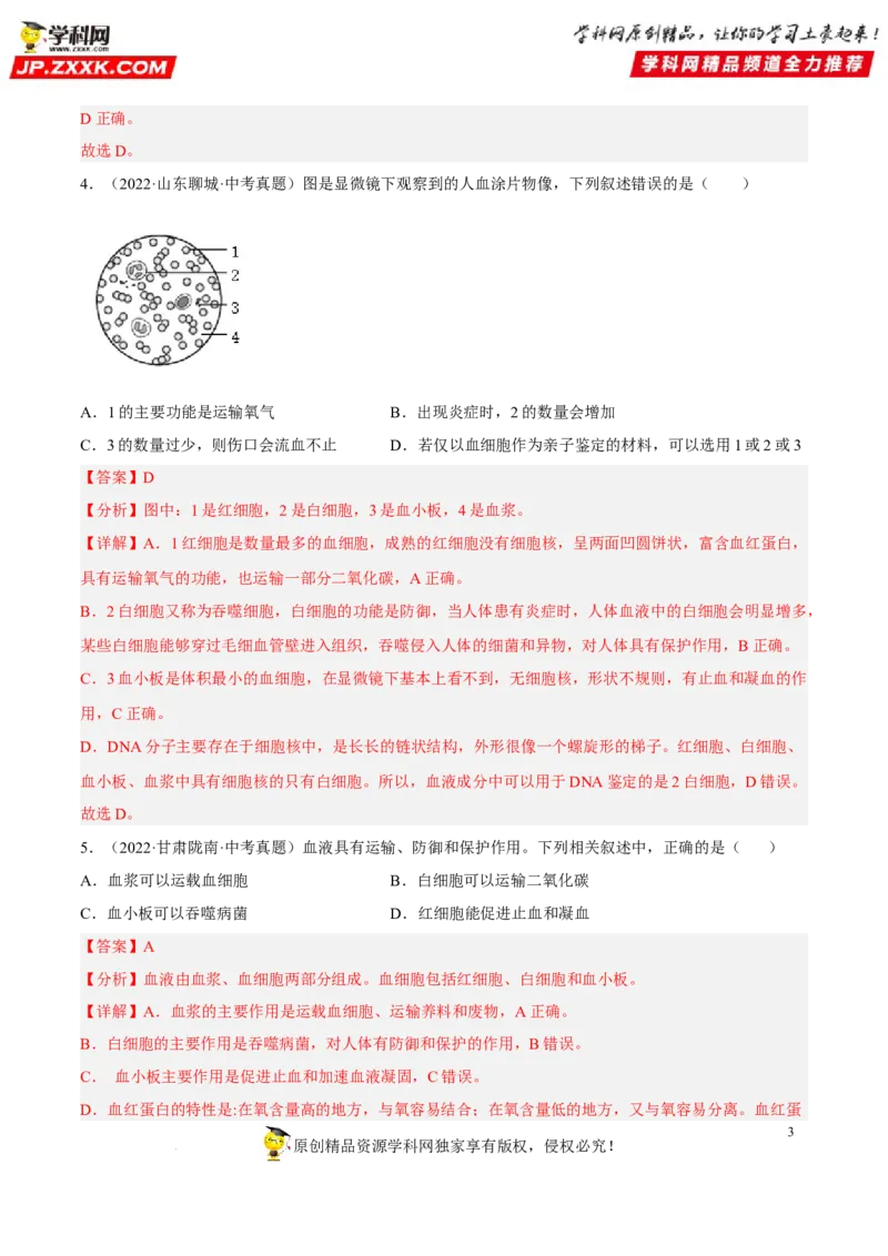 专题10人体内物质的运输和废物的排出（习题帮）（解析版）_6生物中考复习_2023年中考复习资料_一轮复习_备战2023年中考生物一轮复习考点帮（全国通用）288506454