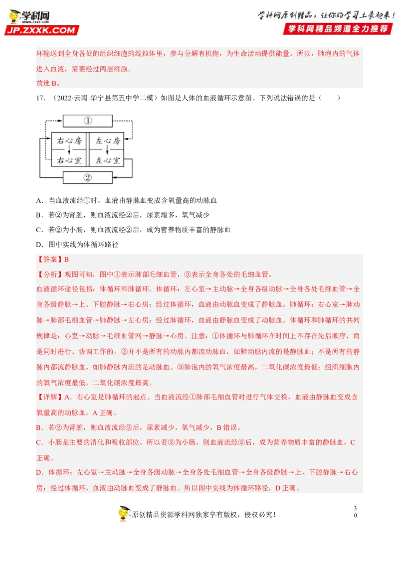 专题10人体内物质的运输和废物的排出（习题帮）（解析版）_6生物中考复习_2023年中考复习资料_一轮复习_备战2023年中考生物一轮复习考点帮（全国通用）288506454