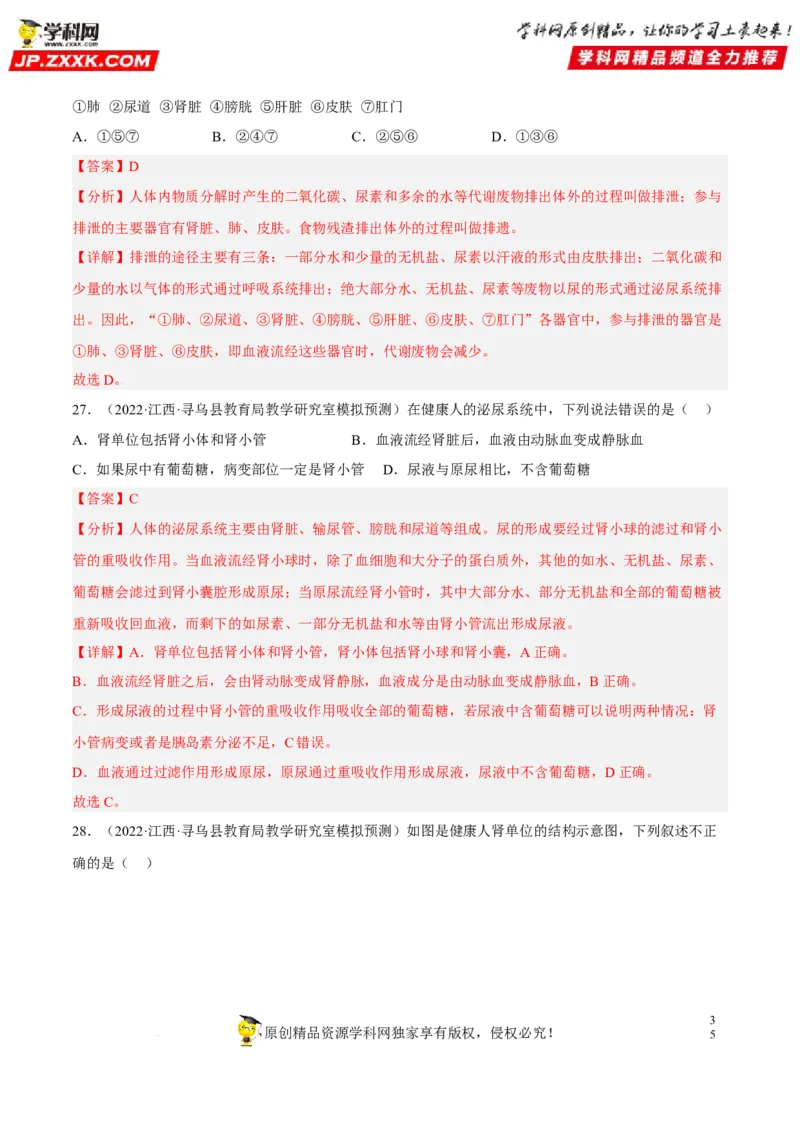 专题10人体内物质的运输和废物的排出（习题帮）（解析版）_6生物中考复习_2023年中考复习资料_一轮复习_备战2023年中考生物一轮复习考点帮（全国通用）288506454