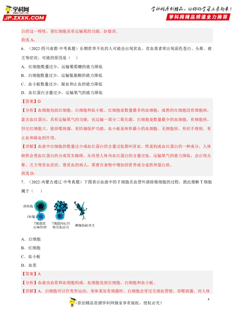 专题10人体内物质的运输和废物的排出（习题帮）（解析版）_6生物中考复习_2023年中考复习资料_一轮复习_备战2023年中考生物一轮复习考点帮（全国通用）288506454