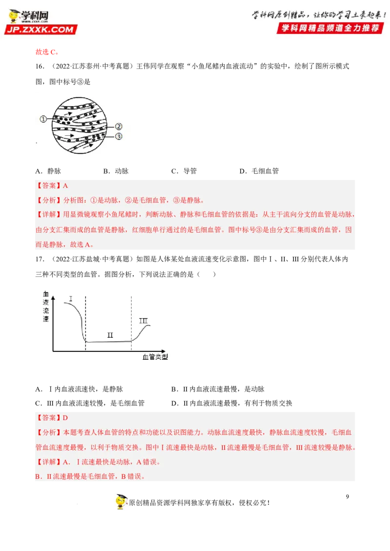 专题10人体内物质的运输和废物的排出（习题帮）（解析版）_6生物中考复习_2023年中考复习资料_一轮复习_备战2023年中考生物一轮复习考点帮（全国通用）288506454