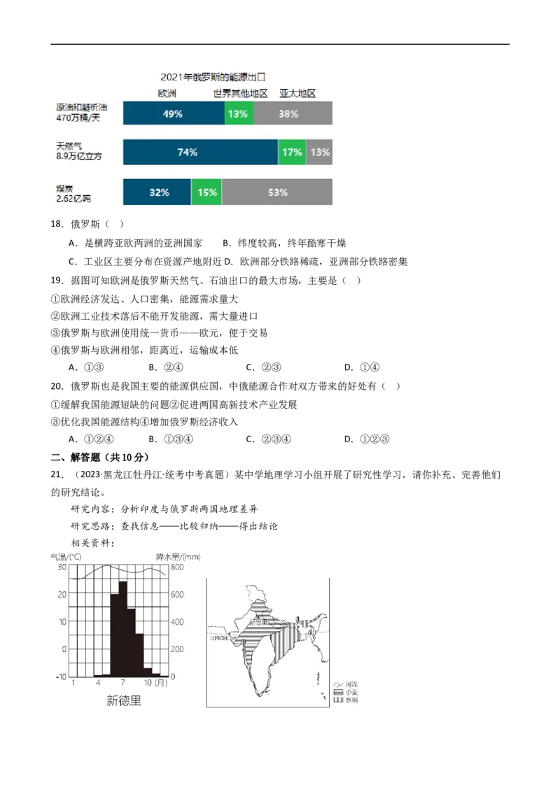 专题13印度和俄罗斯（好题帮）-备战2024年中考地理一轮复习考点帮（全国通用）（原卷版）_7地理中考复习_2024年中考复习资料_一轮复习资料_配套练习资料