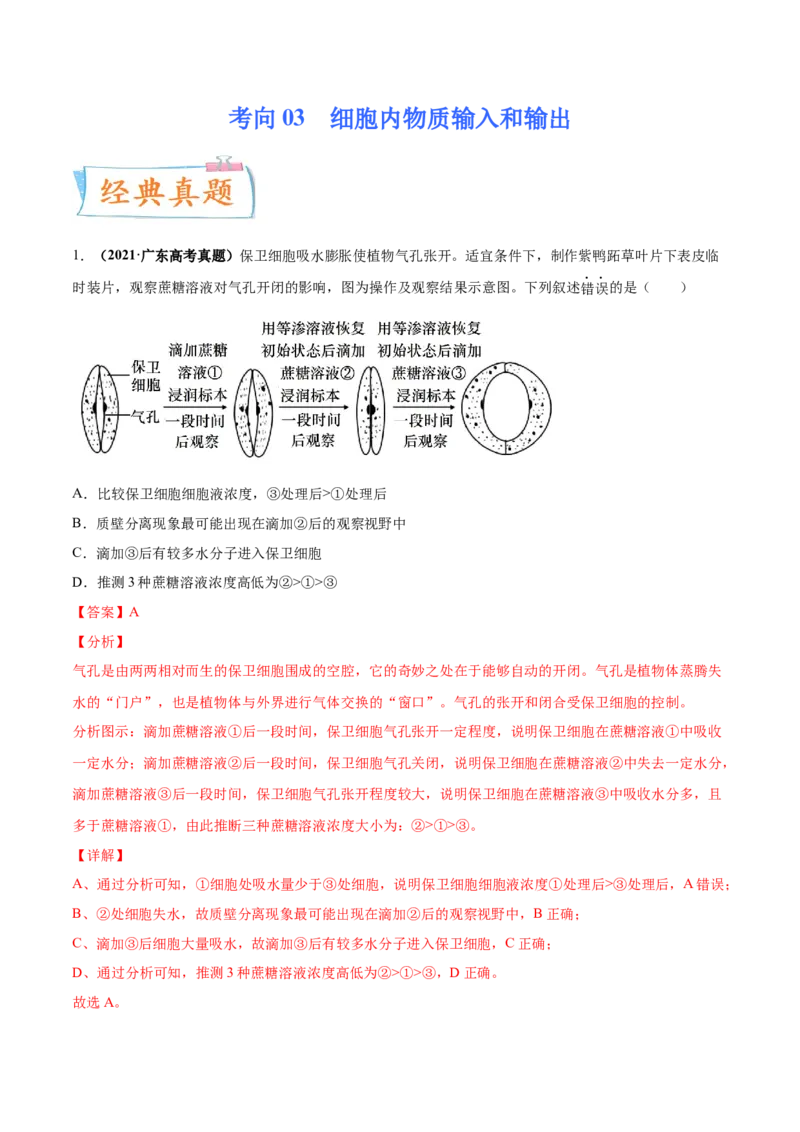 考向03细胞内物质输入和输出-备战2023年高考生物一轮复习考点微专题（全国通用）（解析版）(1)_通用版（老高考）复习资料_2023年复习资料_一轮复习