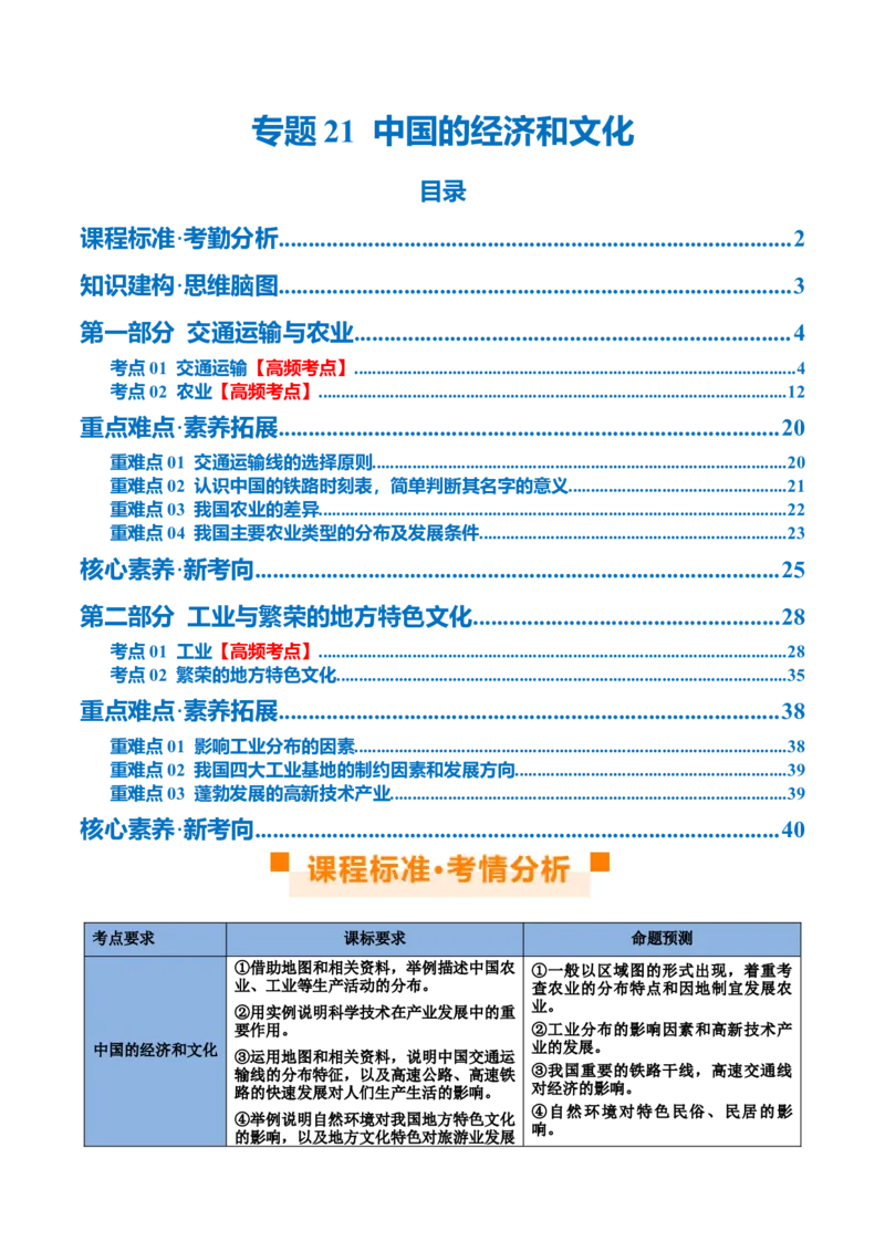 专题21中国的经济和文化（讲义）（原卷版）_7地理中考复习_2024年中考复习资料_一轮复习资料_❤2024年中考地理一轮复习讲练测（全国通用）_配套讲义