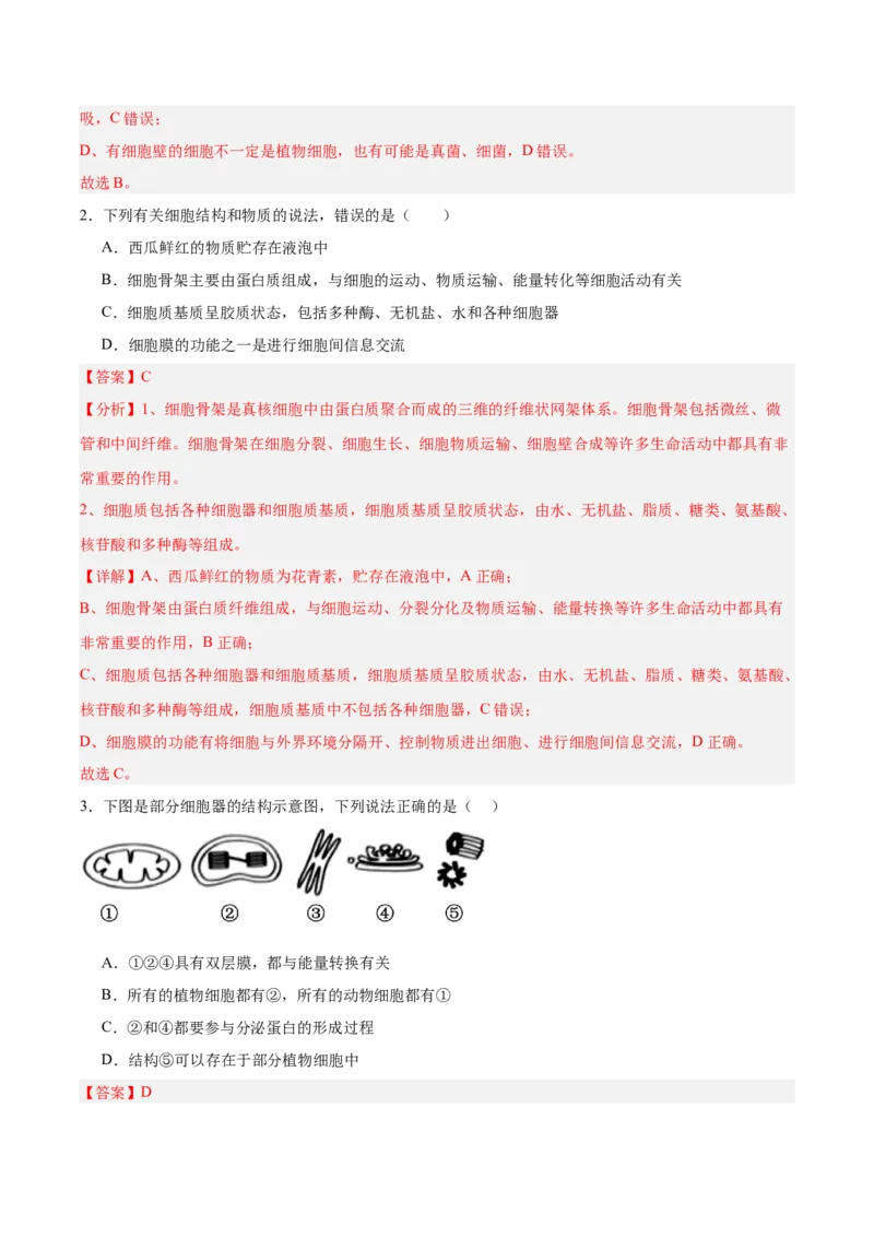考点通关卷06细胞器和生物膜系统（解析版）_2025年新高考资料_一轮复习_2025年高考生物一轮复习考点通关卷（新高考通用）