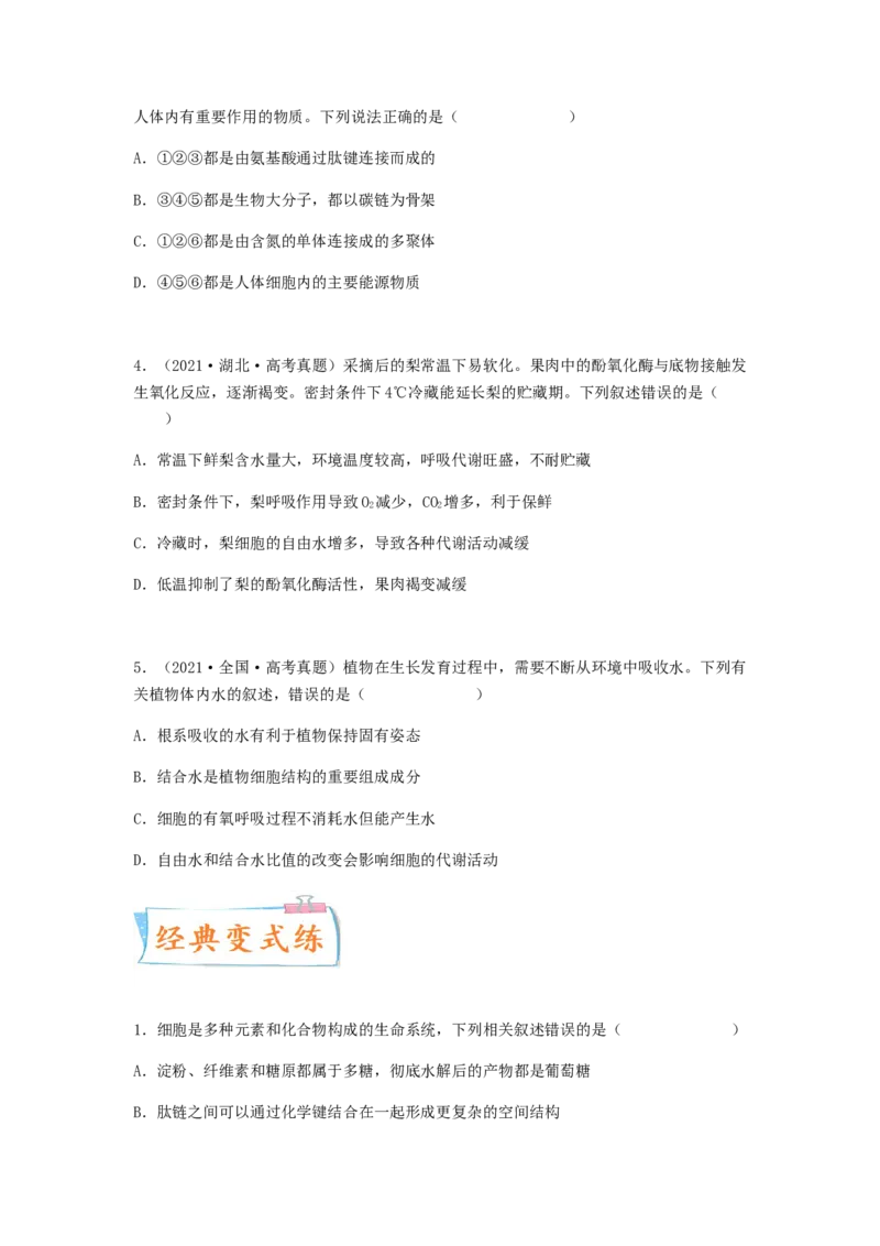 考点04细胞中的无机物、糖类和脂质（原卷版）_通用版（老高考）复习资料_2023年复习资料_一轮复习_2023年高考生物一轮复习讲练测（全国通用）