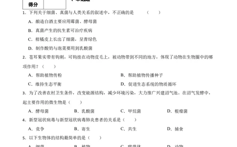 人教版2023届中考一轮复习专用训练卷&mdash;专题19动物在生物圈中的作用、细菌和真菌、病毒（含答案）_6生物中考复习_2023年中考复习资料_一轮复习