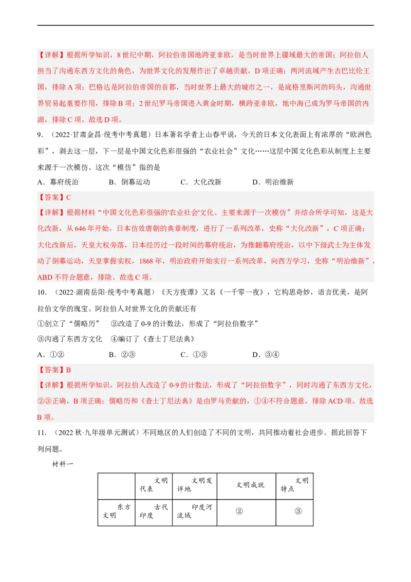 专题限时练19中古世界：封建时代的欧洲和亚洲（解析版）_8历史中考复习_2023年中考复习资料_二轮复习_核心素养新课标2023年中考历史一二轮复习提分快训（部编版）