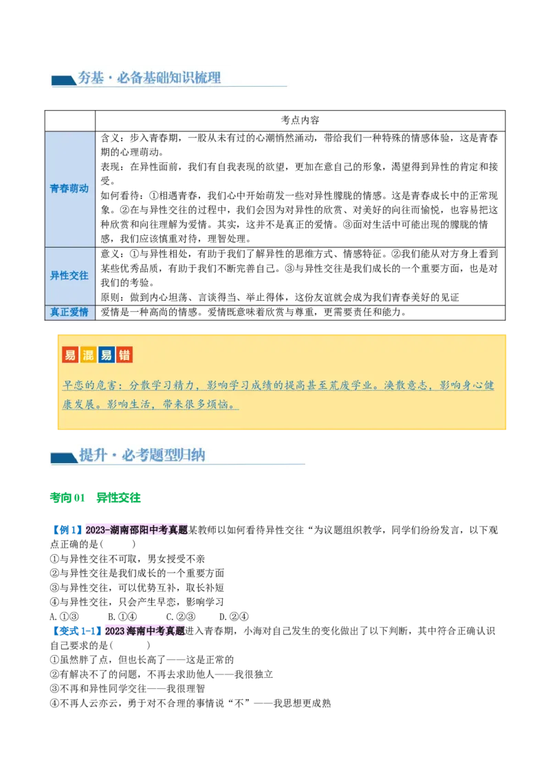 专题20青春时光（讲义）（原卷版）_9道法中考复习_2024年中考复习资料_一轮复习资料_完2024年中考道德与法治一轮复习讲练测（全国通用）_配套讲义（原卷版+解析版）