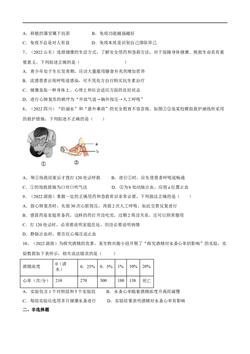专题22健康地生活（原卷版）_6生物中考复习_2023年中考复习资料_一轮复习_2023年中考生物一轮复习讲练测_专题22健康地生活（专题精练）-2023年中考生物一轮复习讲练测