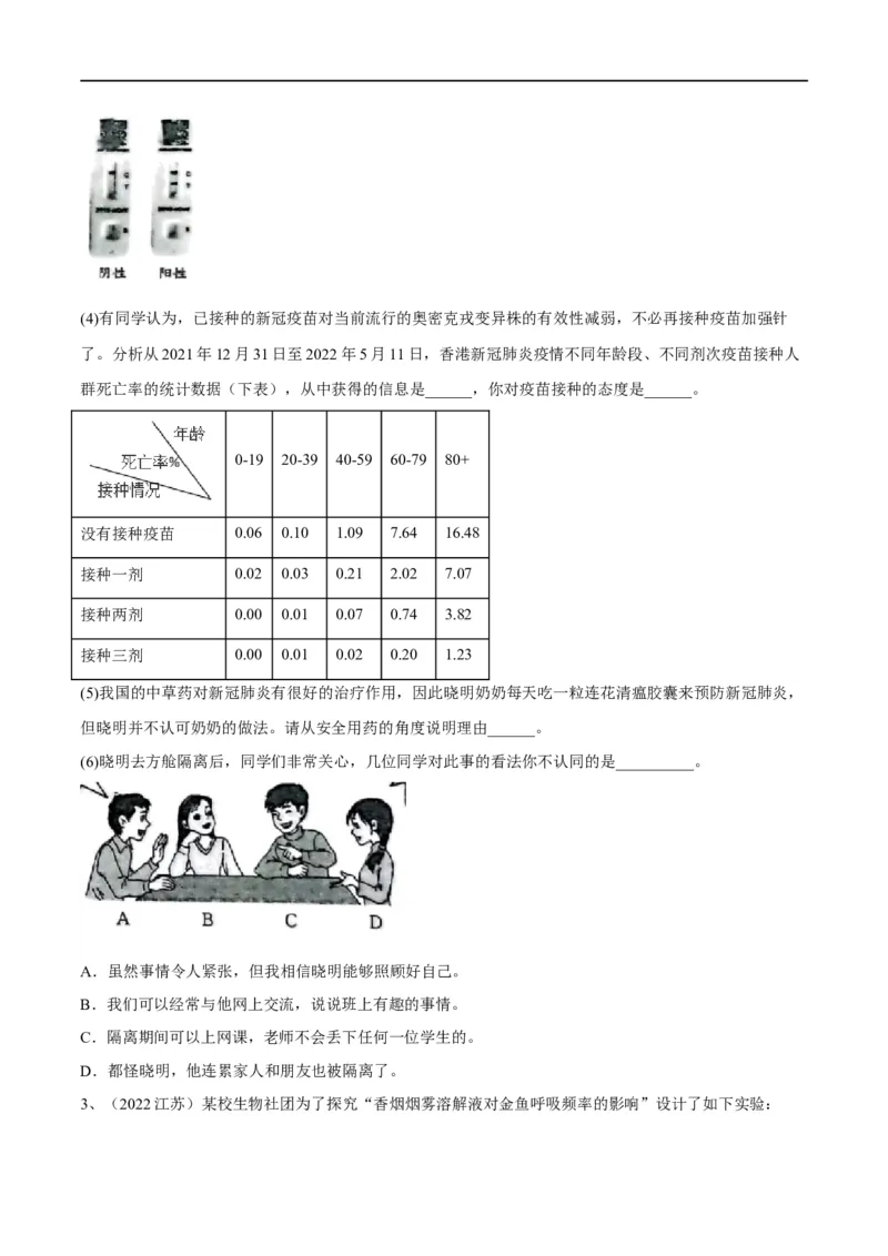 专题22健康地生活（原卷版）_6生物中考复习_2023年中考复习资料_一轮复习_2023年中考生物一轮复习讲练测_专题22健康地生活（专题精练）-2023年中考生物一轮复习讲练测