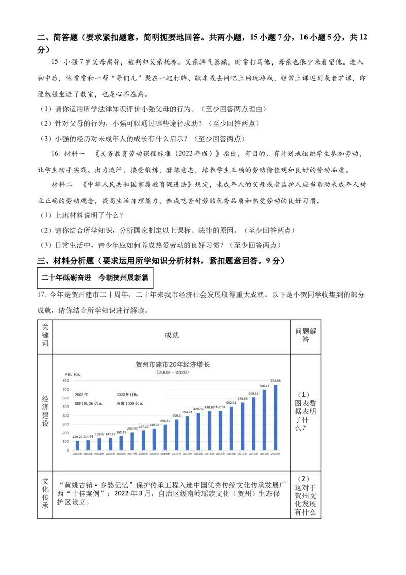 精品解析：2022年广西贺州市中考道德与法治真题（原卷版）_9道法中考复习_2025中考复习资料_中考真题（近三年）_2022年中考政治真题_精品解析：2022年广西贺州市中考道德与法治真题