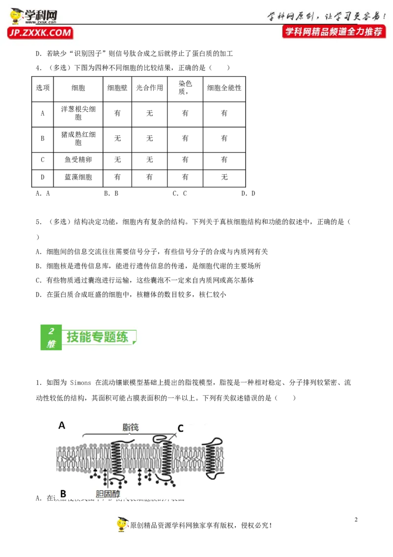 考点02细胞的结构和功能-2022年高考生物一轮复习小题多维练（新高考专用）（原卷版）_新高考复习资料_2022年新高考复习资料_2022年高考生物一轮复习小题多维练（新高考专用）8.8更新