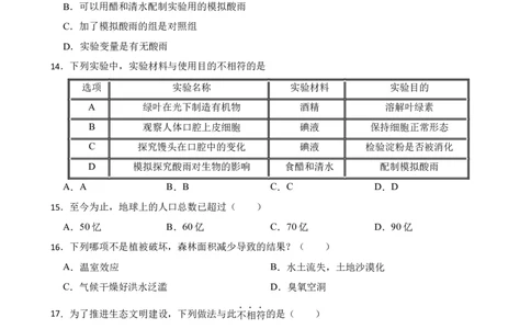 人教版2023届中考一轮复习专用训练卷&mdash;专题16人类活动对生物圈的影响（含解析）_6生物中考复习_2023年中考复习资料_一轮复习_人教版2023届中考生物一轮复习专用训练卷