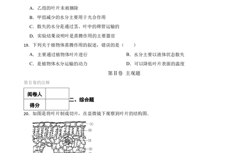 人教版2023届中考一轮复习专用训练卷&mdash;专题7绿色植物与生物圈的水循环（含解析）_6生物中考复习_2023年中考复习资料_一轮复习_人教版2023届中考生物一轮复习专用训练卷