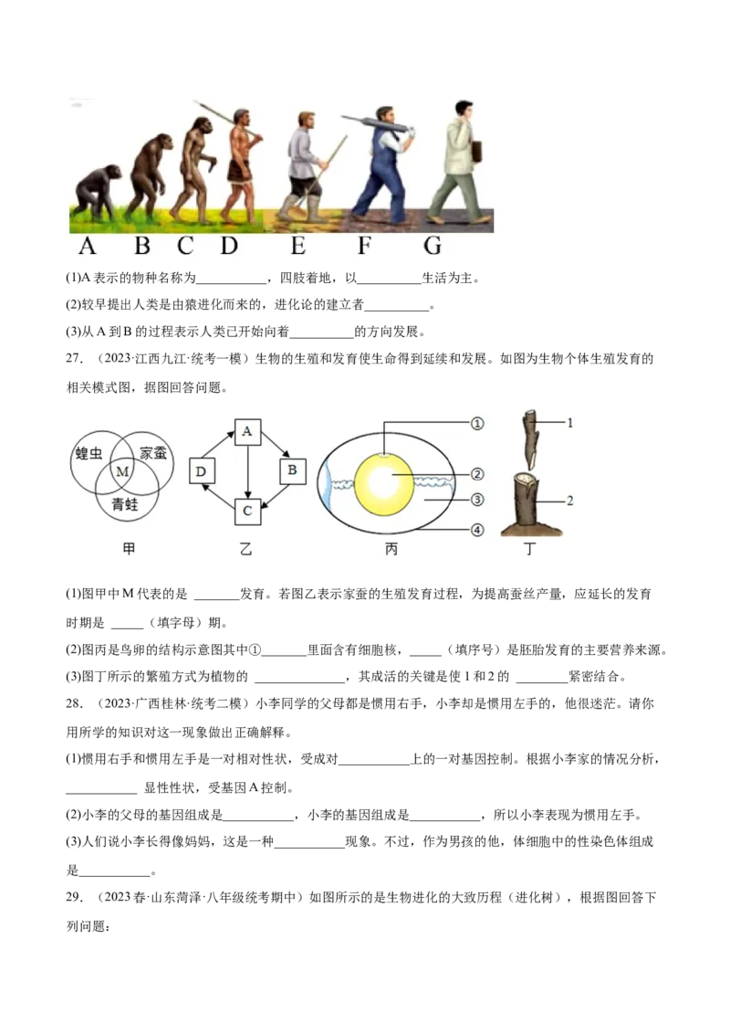 主题06遗传与进化（原卷版）_6生物中考复习_2023年中考复习资料_二轮复习_2023年中考生物二轮复习讲练测_主题06遗传与进化（测试）-2023年中考生物二轮复习讲练测_38974351