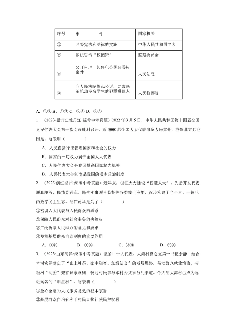 专题13人民当家作主（原卷版）_9道法中考复习_2024年中考复习资料_专项复习资料_完三年（2021&mdash;2023）中考道德与法治真题分项汇编（全国通用）