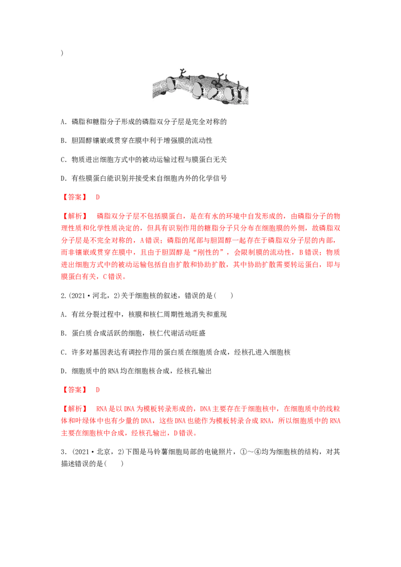 考点07细胞膜与细胞核（解析版）_通用版（老高考）复习资料_2023年复习资料_一轮复习_2023年高考生物一轮复习讲练测（全国通用）