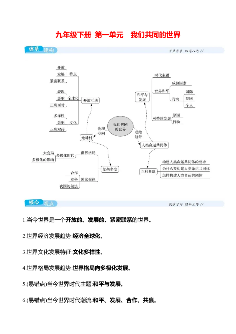 九年级下册第一单元　我们共同的世界_9道法中考复习_2026年中考复习（更新中）_2026年中考道德与法治一轮复习学案（含答案）