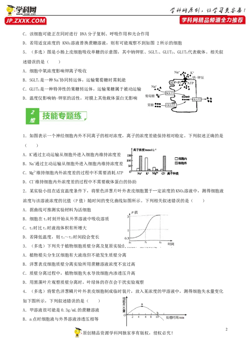 考点03物质运输-2022年高考生物一轮复习小题多维练（新高考专用）（原卷版）_新高考复习资料_2022年新高考复习资料_2022年高考生物一轮复习小题多维练（新高考专用）8.8更新