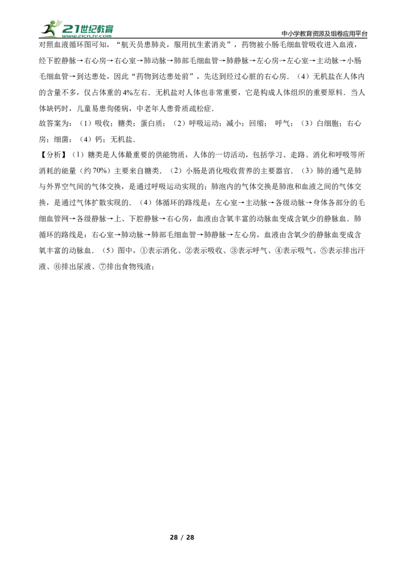 人教版2023届中考一轮复习专用训练卷&mdash;专题13人体内物质的运输（含解析）_6生物中考复习_2023年中考复习资料_一轮复习_人教版2023届中考生物一轮复习专用训练卷