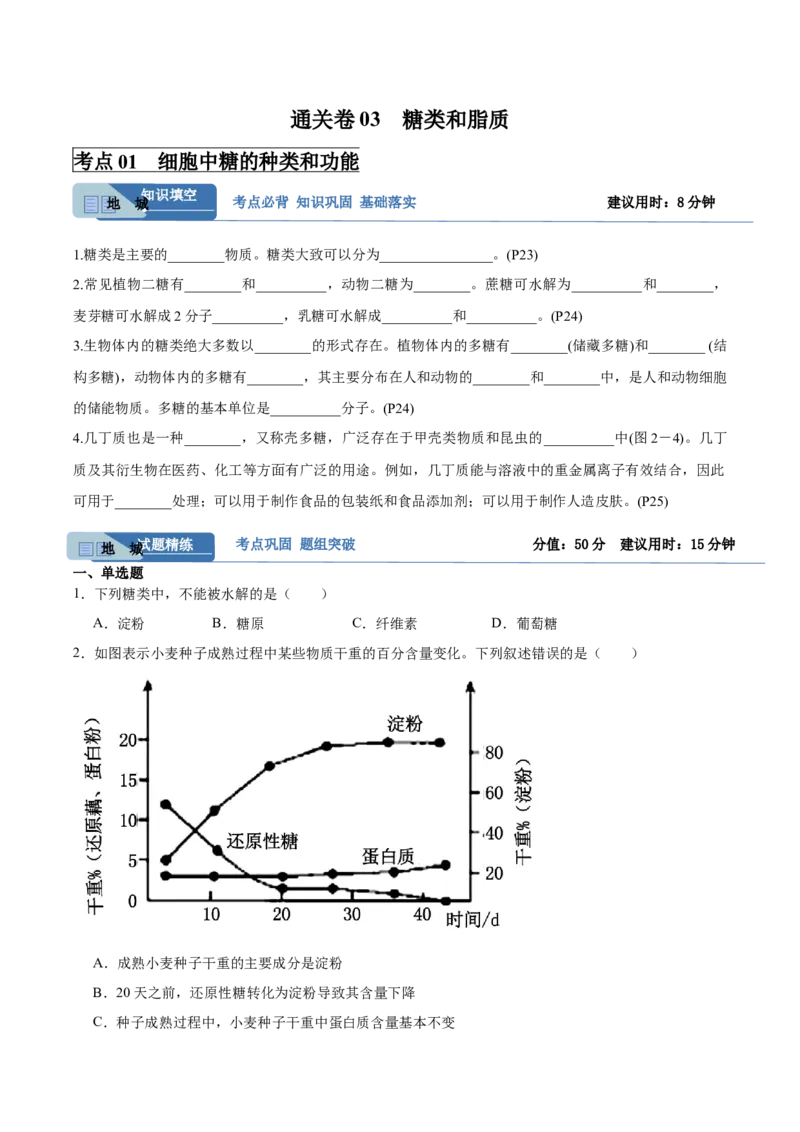 考点通关卷03糖类和脂质（原卷版）_2025年新高考资料_一轮复习_2025年高考生物一轮复习考点通关卷（新高考通用）
