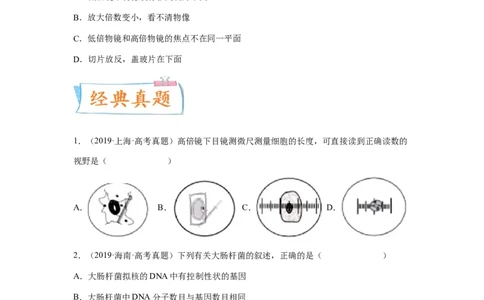 考点03使用高倍显微镜观察细胞（原卷版）_通用版（老高考）复习资料_2023年复习资料_一轮复习_2023年高考生物一轮复习讲练测（全国通用）