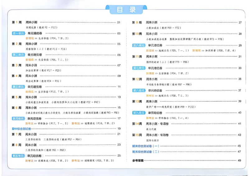 4下数学人教周末小测卷_2026春季学期_周末预测小卷_2026《一本&bull;周末小测卷》（1-6年级下）（数学）（人教版）