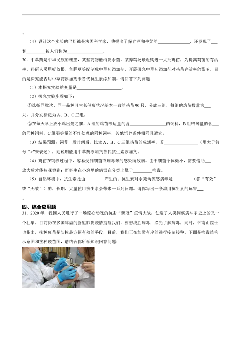 专题18细菌、真菌和病毒（习题精练）-省心备考2024年中考生物一轮复习精讲精练（全国通用）（原卷版）_6生物中考复习_2024年中考复习资料_一轮复习资料