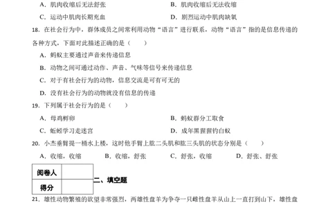 人教版2023届中考一轮复习专用训练卷&mdash;专题18动物的运动和行为（含解析）_6生物中考复习_2023年中考复习资料_一轮复习_人教版2023届中考生物一轮复习专用训练卷