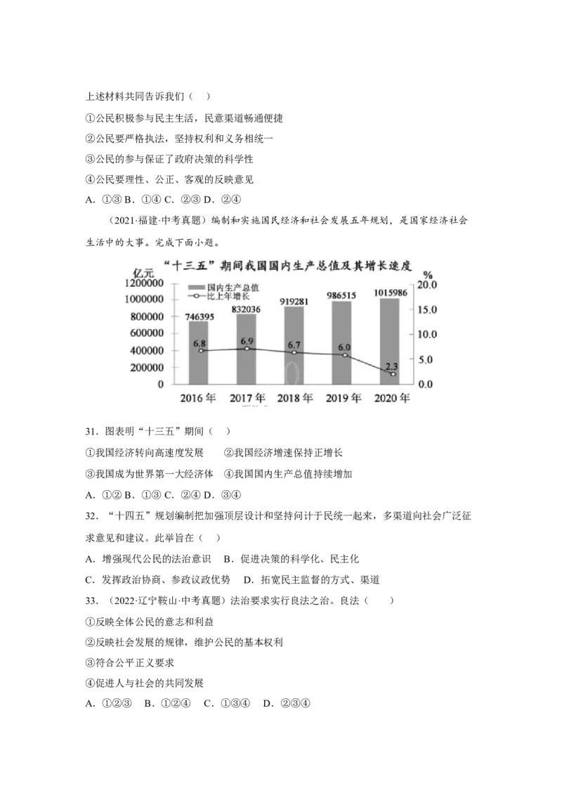 专题15民主与法治（追求民主价值部分）（原卷版）_9道法中考复习_2024年中考复习资料_专项复习资料_完三年（2021&mdash;2023）中考道德与法治真题分项汇编（全国通用）