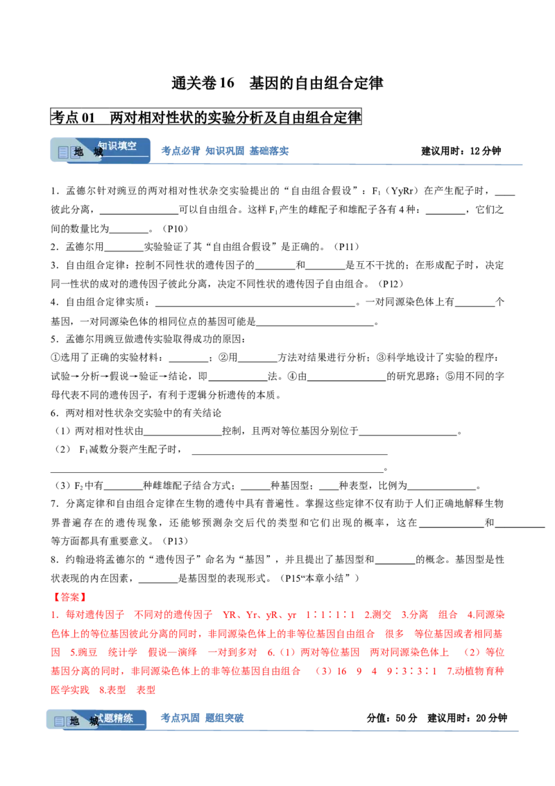 考点通关卷16基因的自由组合定律（解析版）_2025年新高考资料_一轮复习_2025年高考生物一轮复习考点通关卷（新高考通用）
