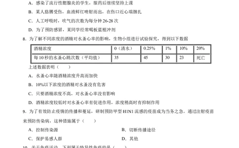 人教版2023届中考一轮复习专用训练卷&mdash;专题24健康的生活（含解析）_6生物中考复习_2023年中考复习资料_一轮复习_人教版2023届中考生物一轮复习专用训练卷