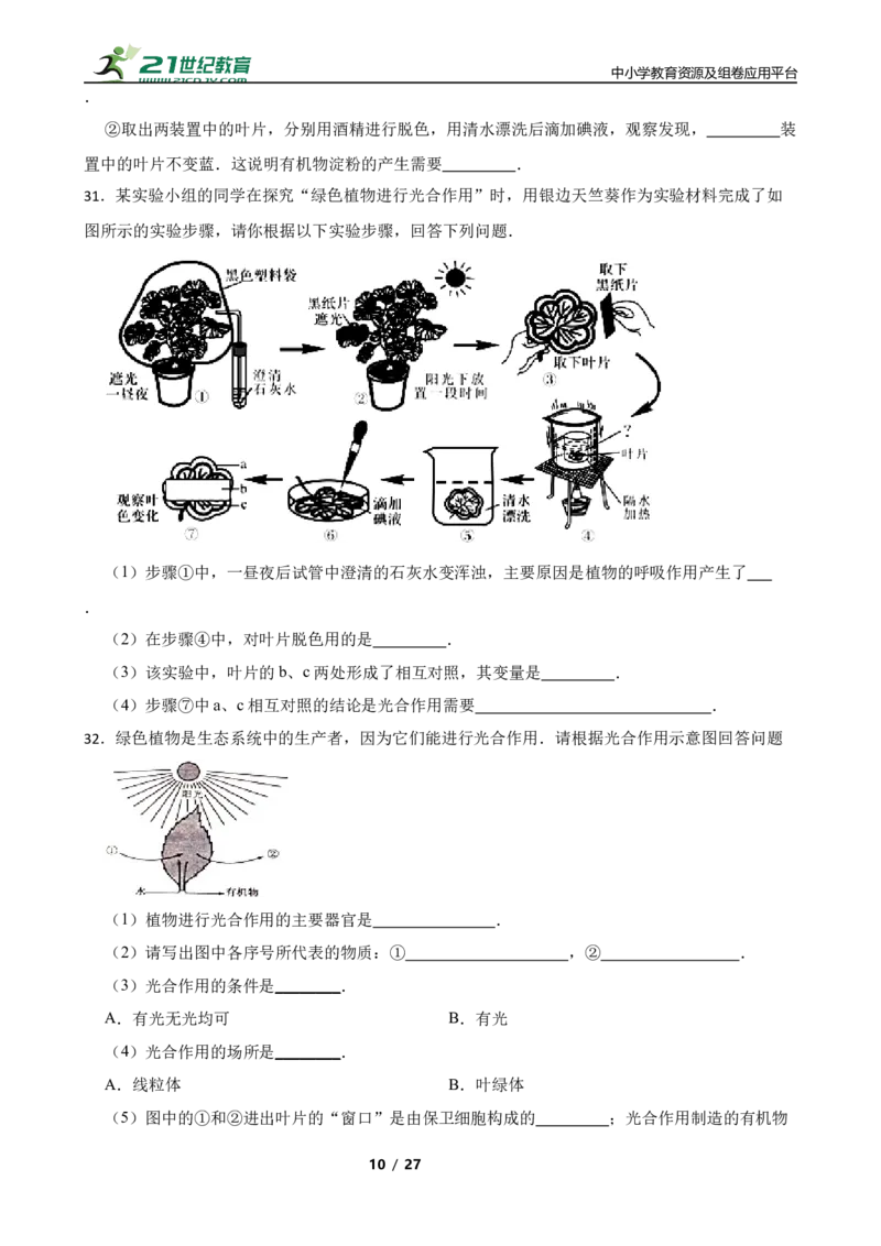 人教版2023届中考一轮复习专用训练卷&mdash;专题8绿色植物是生物圈中有机物的制造者（含解析）_6生物中考复习_2023年中考复习资料_一轮复习