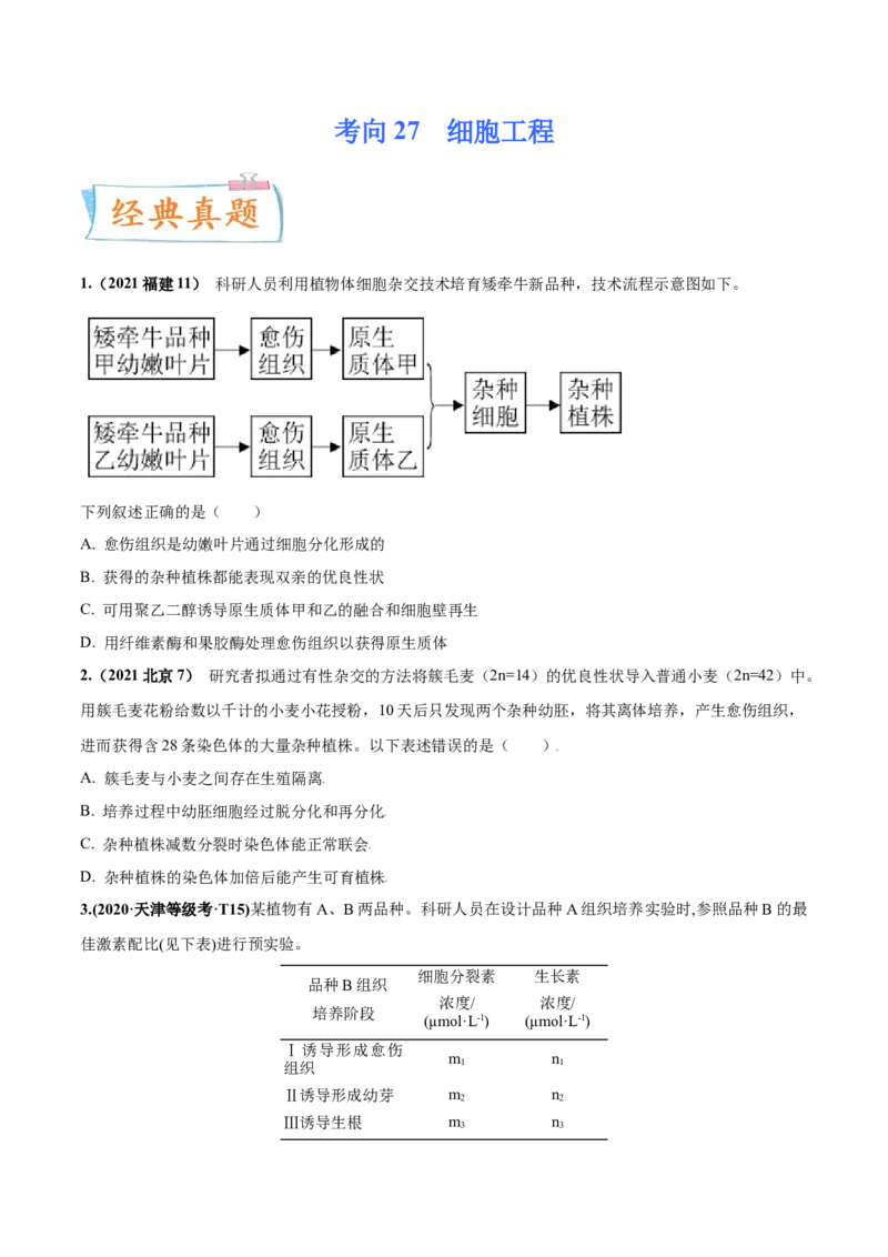 考向27细胞工程-备战2023年高考生物一轮复习考点微专题（全国通用）（原卷版）(1)_通用版（老高考）复习资料_2023年复习资料_一轮复习