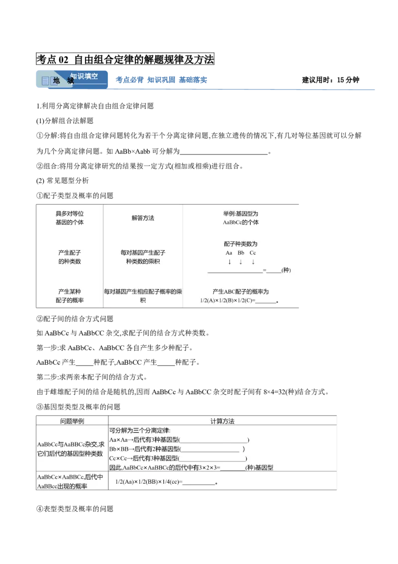 考点通关卷16基因的自由组合定律（原卷版）_2025年新高考资料_一轮复习_2025年高考生物一轮复习考点通关卷（新高考通用）
