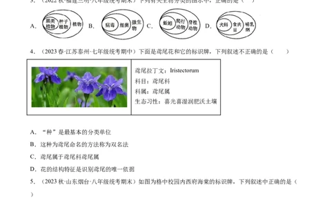 主题02生物的多样性（原卷版）_6生物中考复习_2023年中考复习资料_二轮复习_2023年中考生物二轮复习讲练测_主题02生物的多样性（测试）-2023年中考生物二轮复习讲练测_38838137