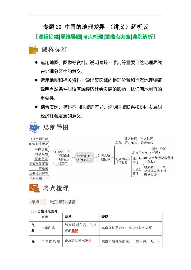 专题20中国的地理差异（讲义）（解析版）-2023年中考地理一轮复习讲练测_7地理中考复习_2023年中考复习资料_一轮复习_2023年中考地理一轮复习讲练测